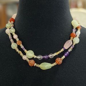 Vintage Carved Carnelian & Jade Amethyst Chinese Multistrand Stone Bead Necklace